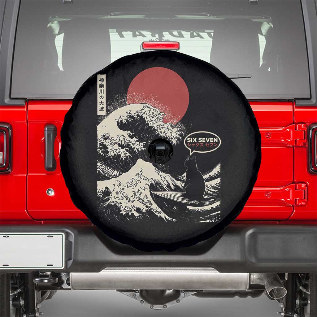 67 Six Seven Bruh Meme Spare Tire Cover Funny Japanese Black Cat Surfing The Great Wave Kanagawa TS14 Black Print Your Wear