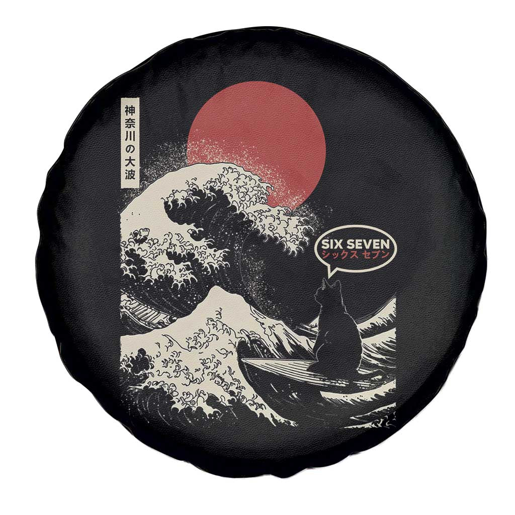 67 Six Seven Bruh Meme Spare Tire Cover Funny Japanese Black Cat Surfing The Great Wave Kanagawa TS14 Print Your Wear
