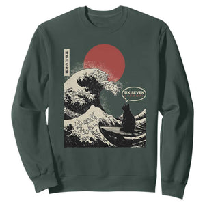 67 Six Seven Bruh Meme Sweatshirt Funny Japanese Black Cat Surfing The Great Wave Kanagawa TS14 Dark Forest Green Print Your Wear