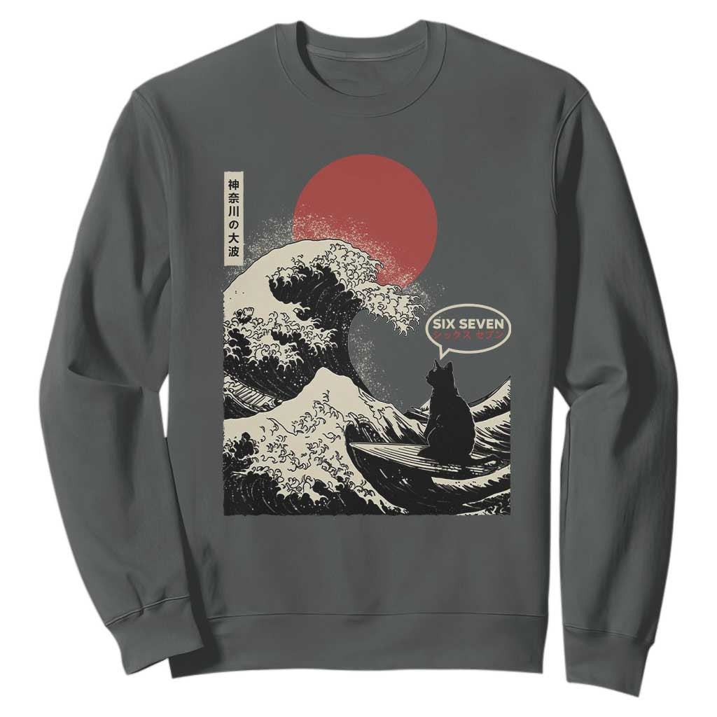 67 Six Seven Bruh Meme Sweatshirt Funny Japanese Black Cat Surfing The Great Wave Kanagawa TS14 Dark Heather Print Your Wear