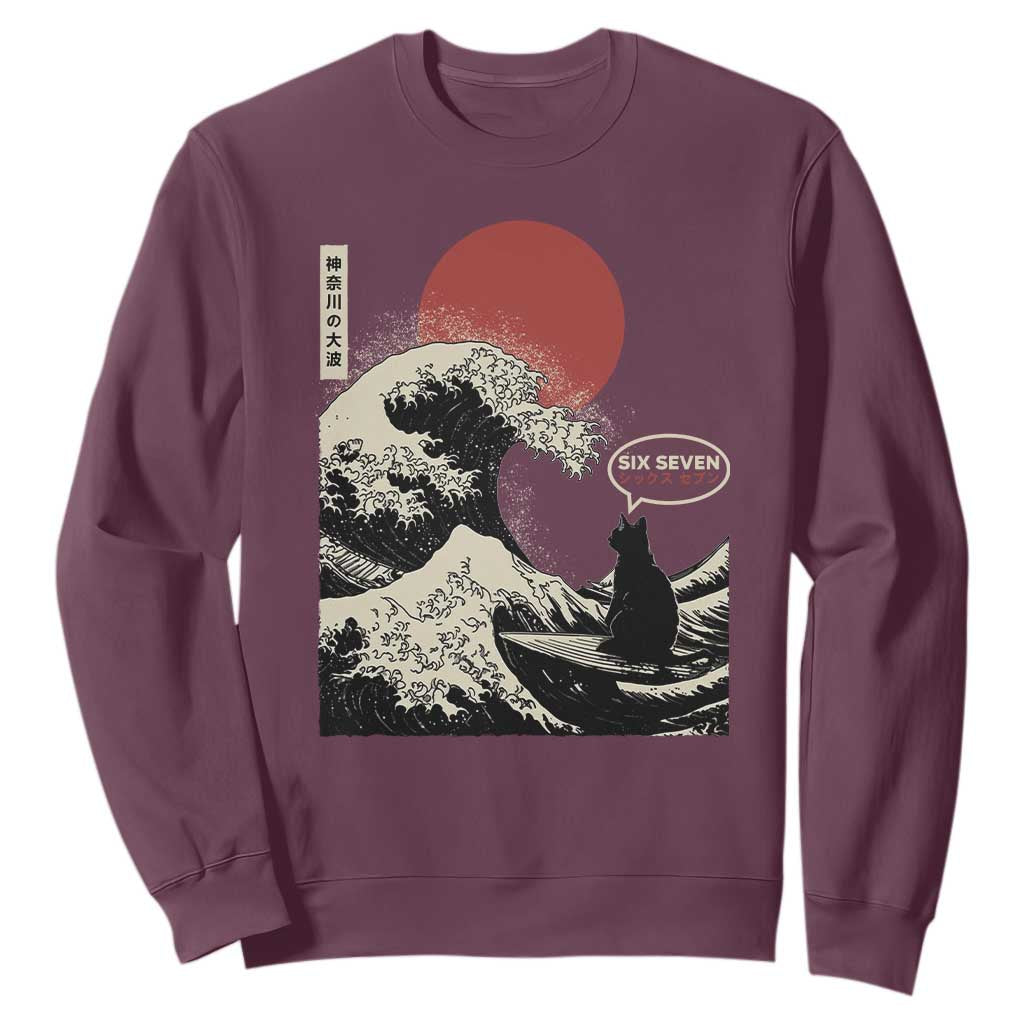 67 Six Seven Bruh Meme Sweatshirt Funny Japanese Black Cat Surfing The Great Wave Kanagawa TS14 Maroon Print Your Wear