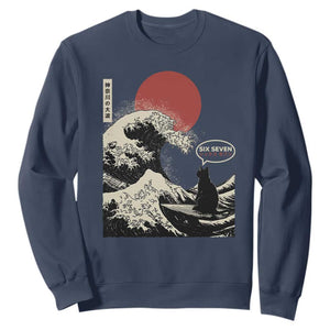 67 Six Seven Bruh Meme Sweatshirt Funny Japanese Black Cat Surfing The Great Wave Kanagawa TS14 Navy Print Your Wear