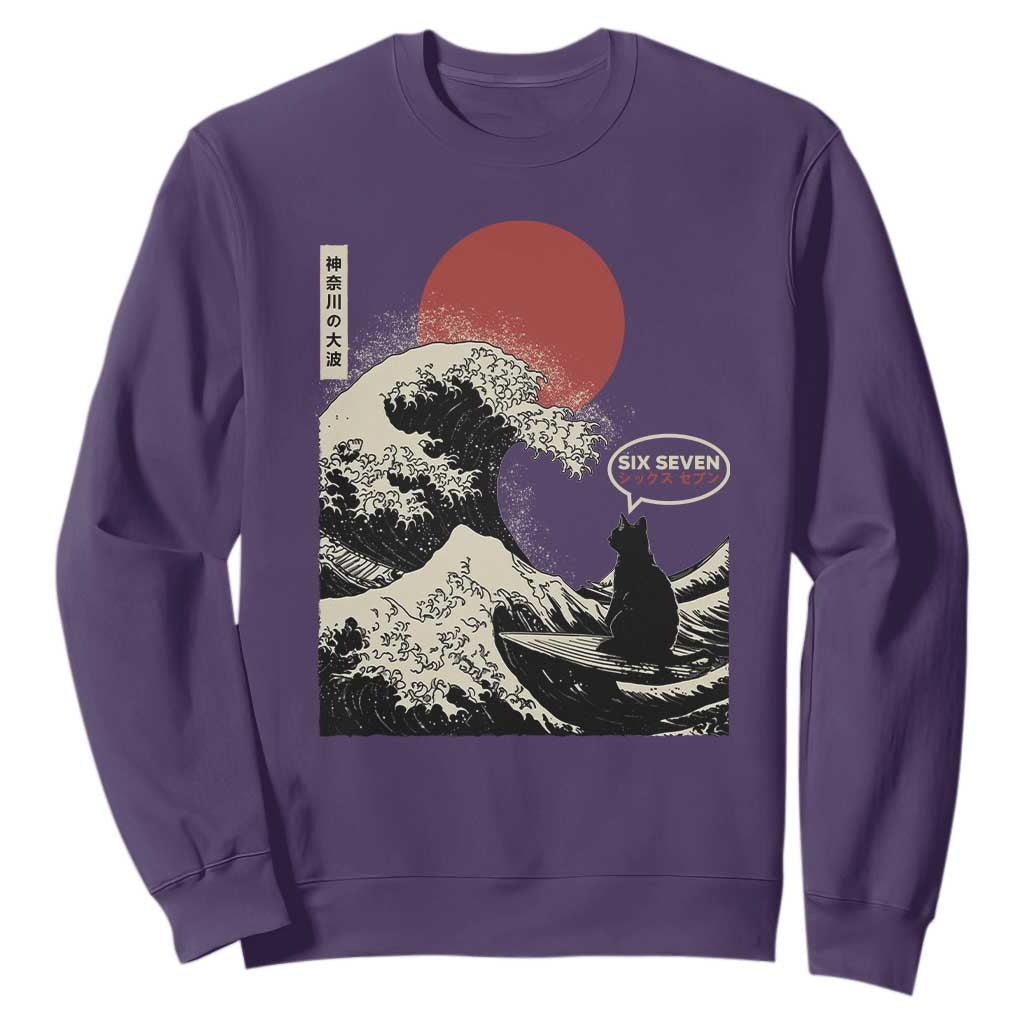 67 Six Seven Bruh Meme Sweatshirt Funny Japanese Black Cat Surfing The Great Wave Kanagawa TS14 Purple Print Your Wear
