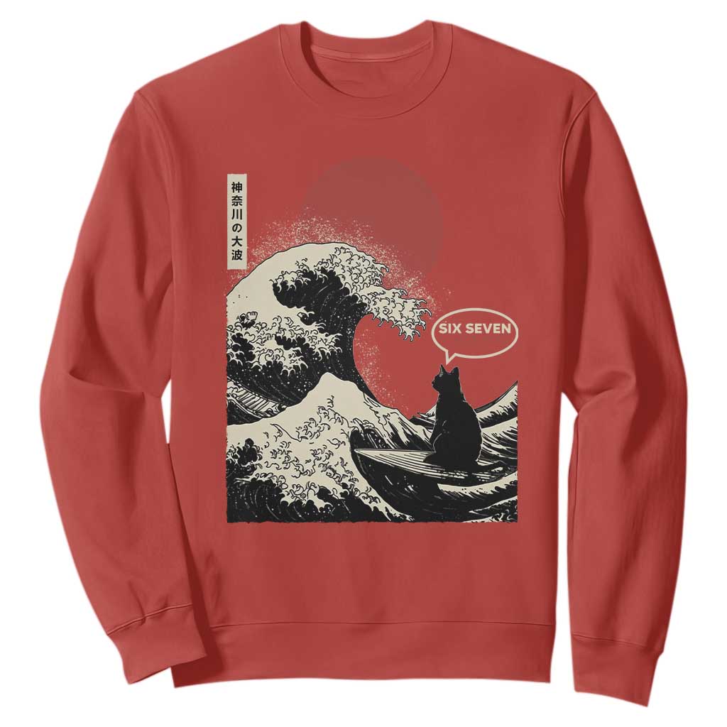 67 Six Seven Bruh Meme Sweatshirt Funny Japanese Black Cat Surfing The Great Wave Kanagawa TS14 Red Print Your Wear