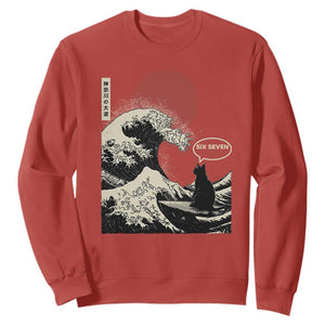 67 Six Seven Bruh Meme Sweatshirt Funny Japanese Black Cat Surfing The Great Wave Kanagawa TS14 Red Print Your Wear