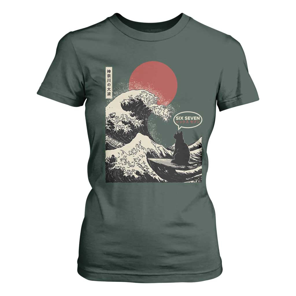 67 Six Seven Bruh Meme T Shirt For Women Funny Japanese Black Cat Surfing The Great Wave Kanagawa TS14 Dark Forest Green Print Your Wear