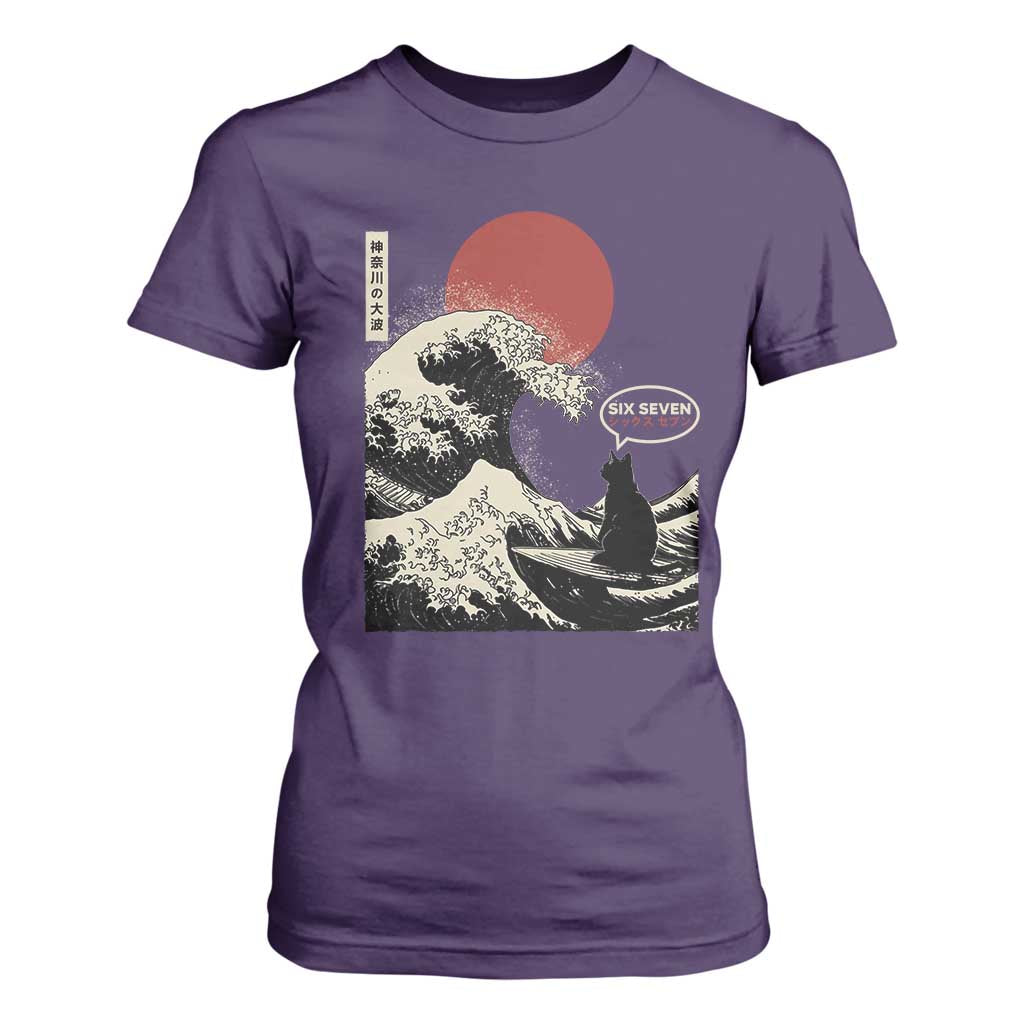 67 Six Seven Bruh Meme T Shirt For Women Funny Japanese Black Cat Surfing The Great Wave Kanagawa TS14 Purple Print Your Wear