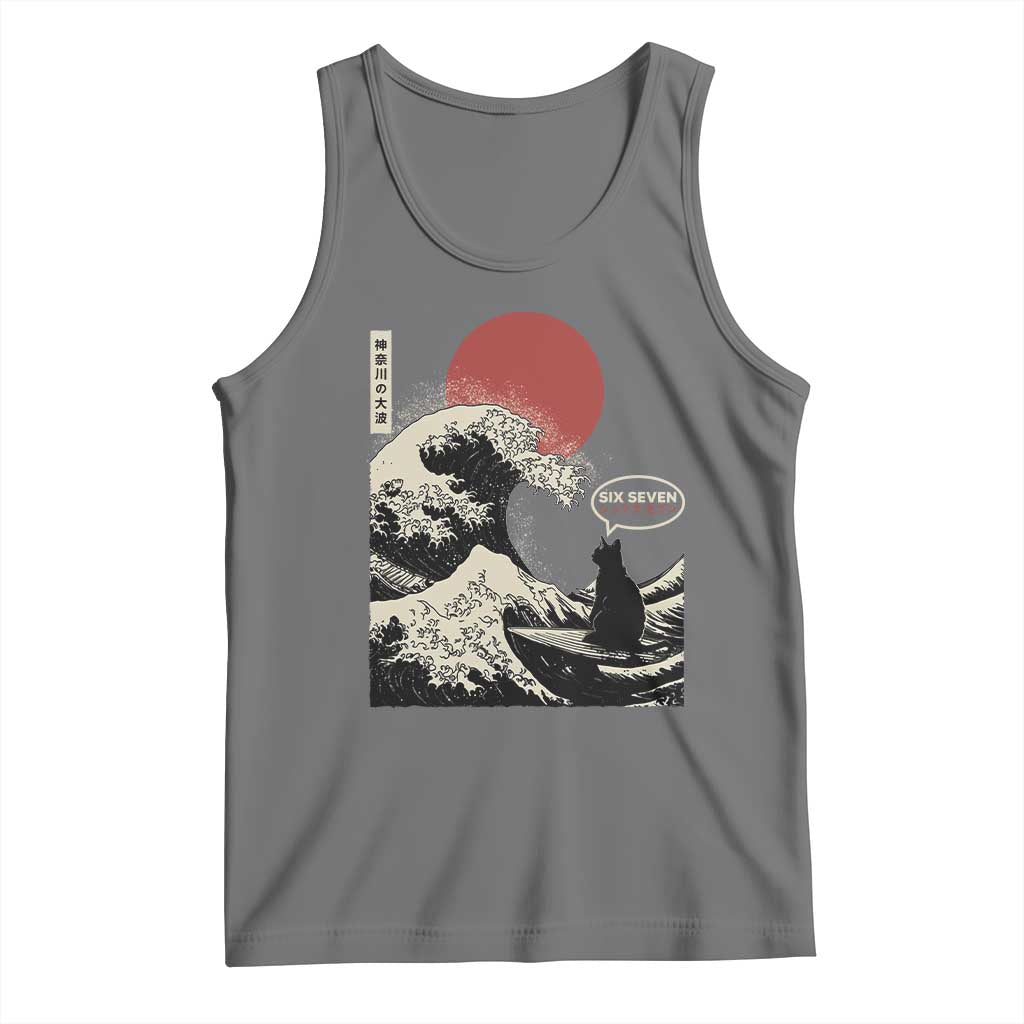 67 Six Seven Bruh Meme Tank Top Funny Japanese Black Cat Surfing The Great Wave Kanagawa TS14 Black Heather Print Your Wear