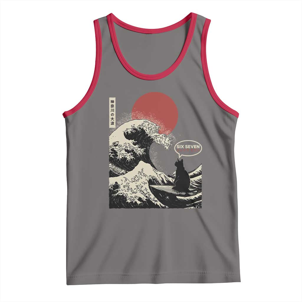 67 Six Seven Bruh Meme Tank Top Funny Japanese Black Cat Surfing The Great Wave Kanagawa TS14 Deep Heather Red Print Your Wear