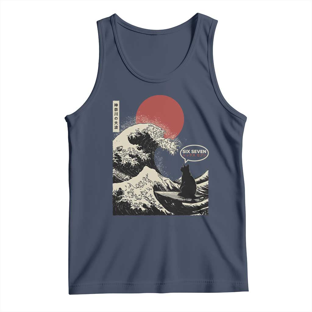 67 Six Seven Bruh Meme Tank Top Funny Japanese Black Cat Surfing The Great Wave Kanagawa TS14 Navy Print Your Wear