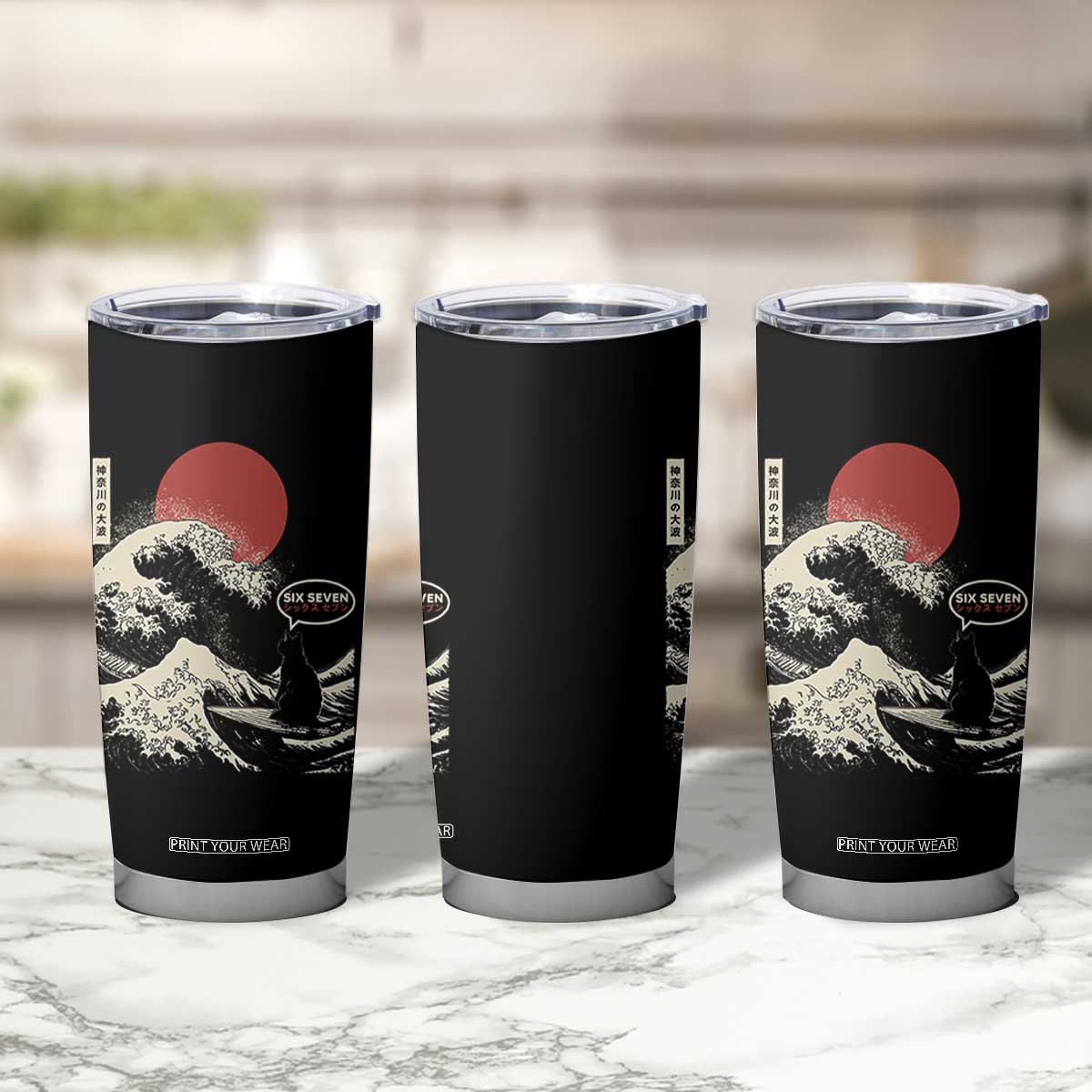 67 Six Seven Bruh Meme Tumbler Cup Funny Japanese Black Cat Surfing The Great Wave Kanagawa TS14 Print Your Wear