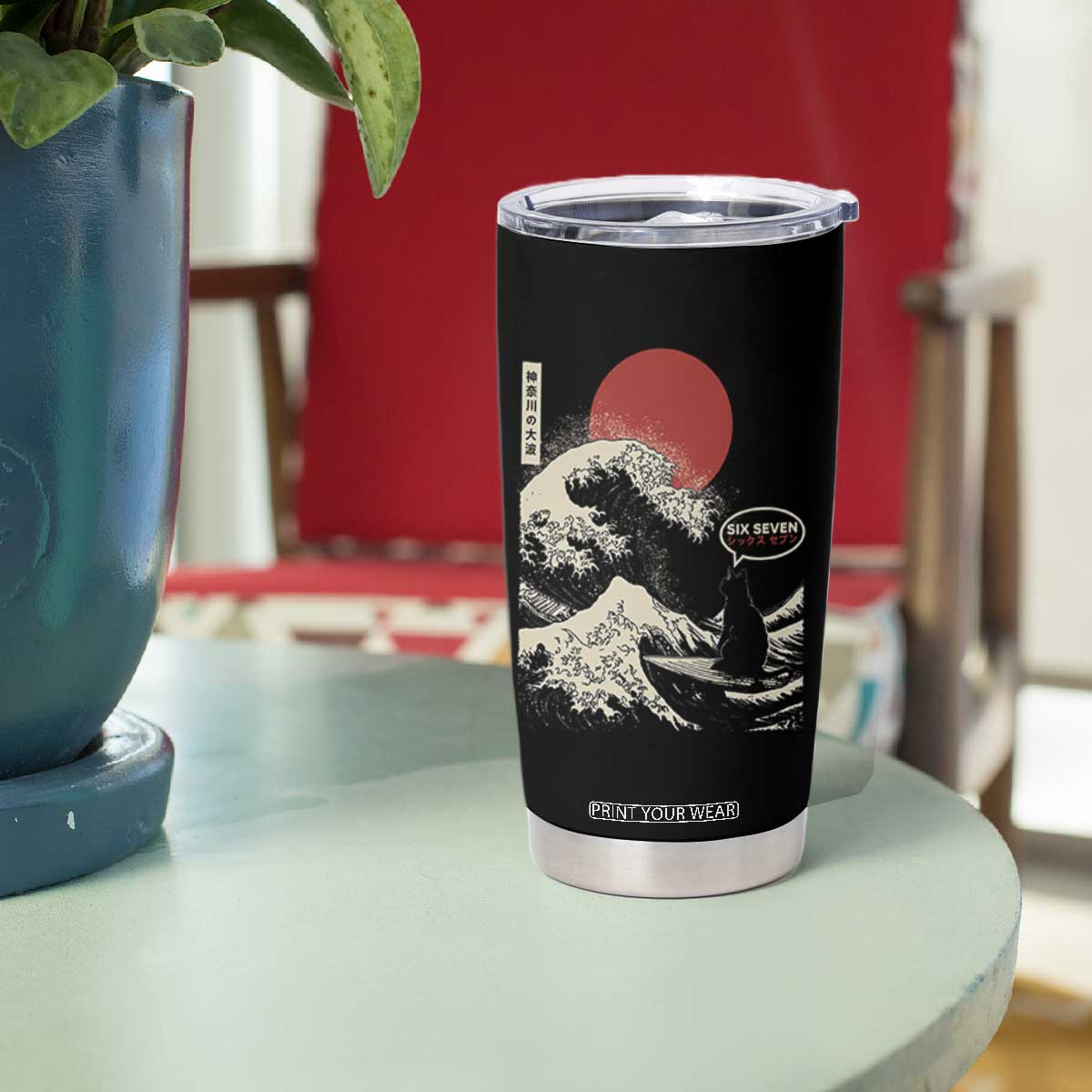 67 Six Seven Bruh Meme Tumbler Cup Funny Japanese Black Cat Surfing The Great Wave Kanagawa TS14 Print Your Wear