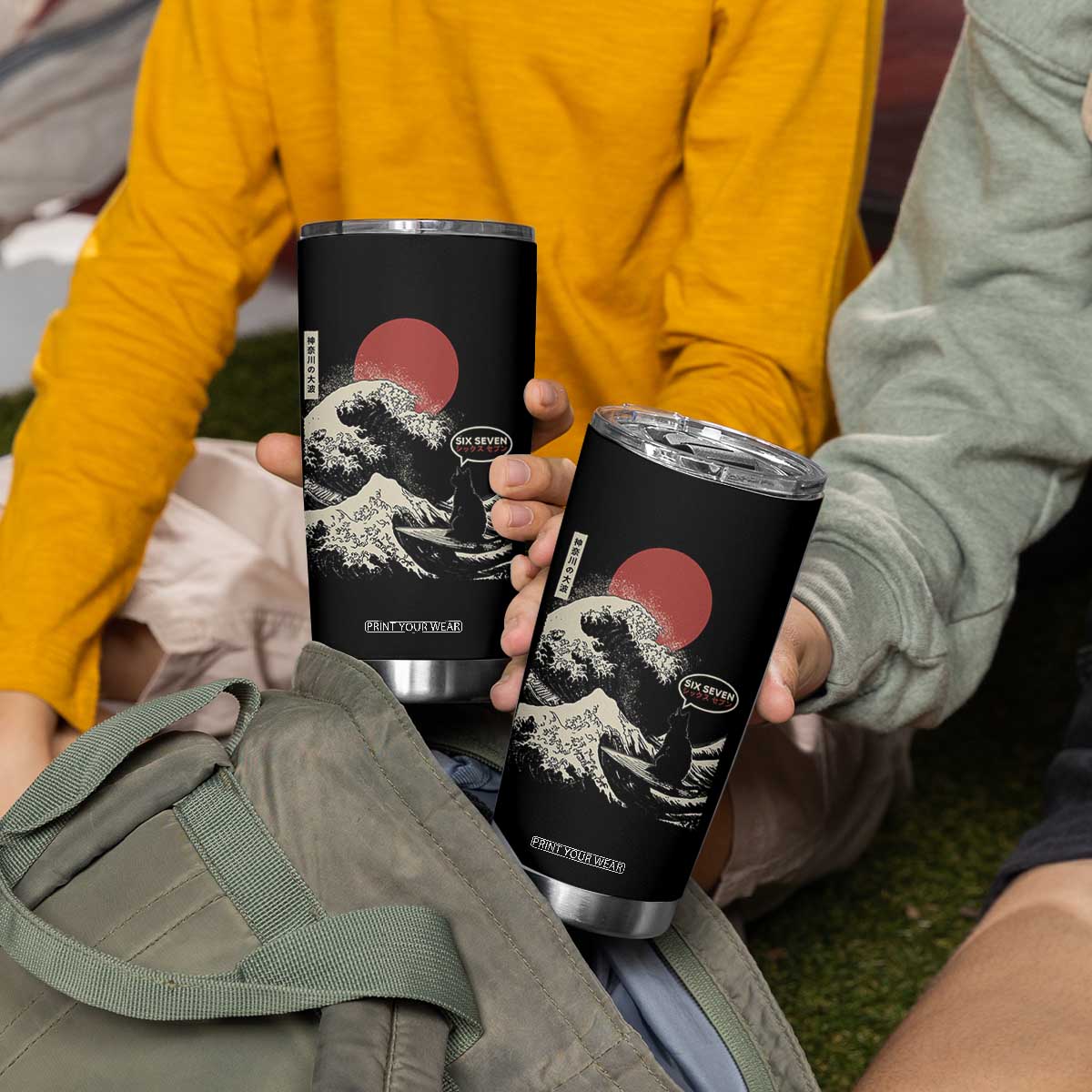 67 Six Seven Bruh Meme Tumbler Cup Funny Japanese Black Cat Surfing The Great Wave Kanagawa TS14 Print Your Wear