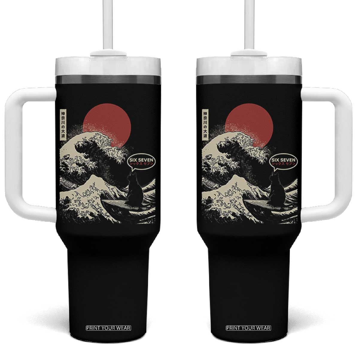 67 Six Seven Bruh Meme Tumbler With Handle Funny Japanese Black Cat Surfing The Great Wave Kanagawa TS14 One Size: 40 oz Black Print Your Wear