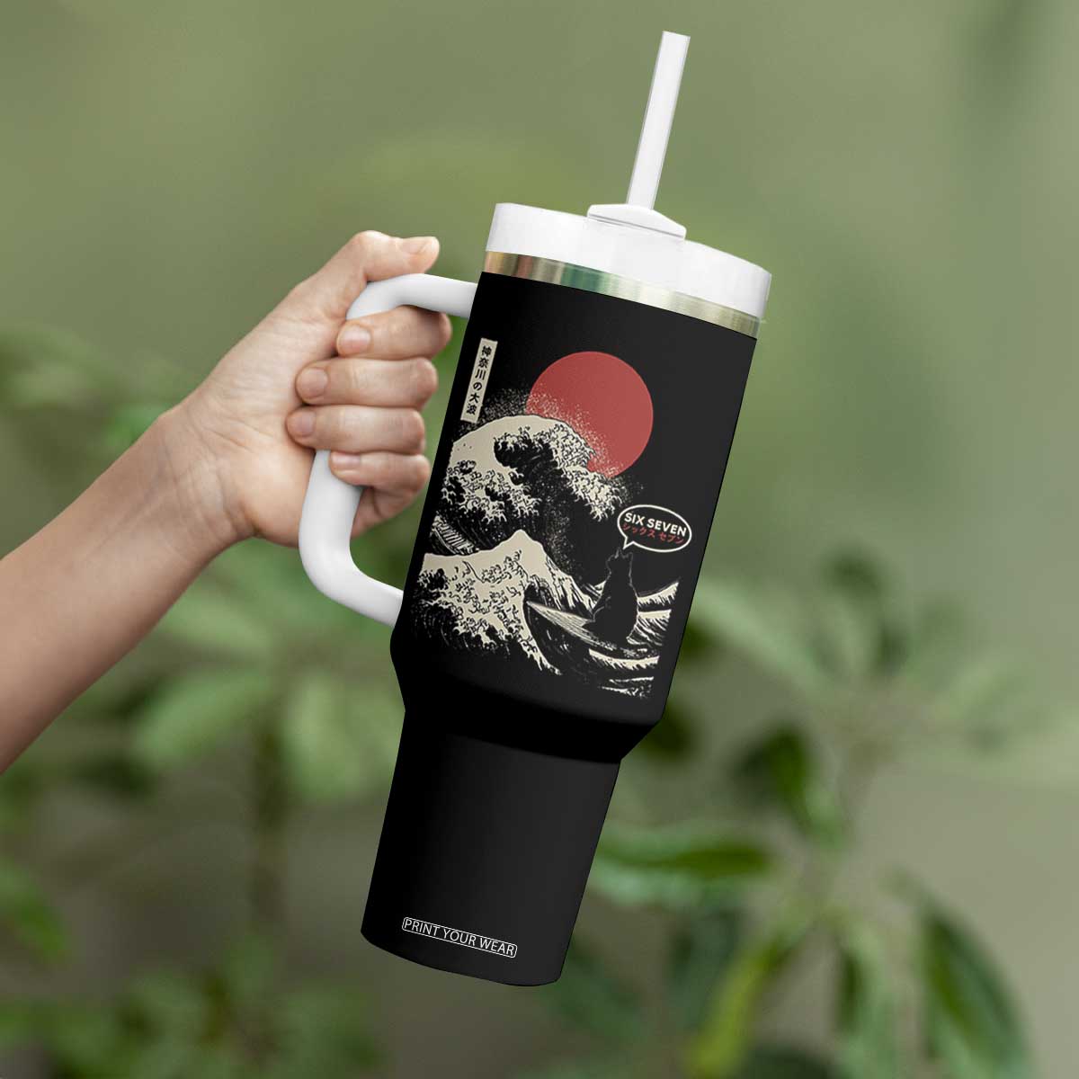 67 Six Seven Bruh Meme Tumbler With Handle Funny Japanese Black Cat Surfing The Great Wave Kanagawa TS14 Print Your Wear