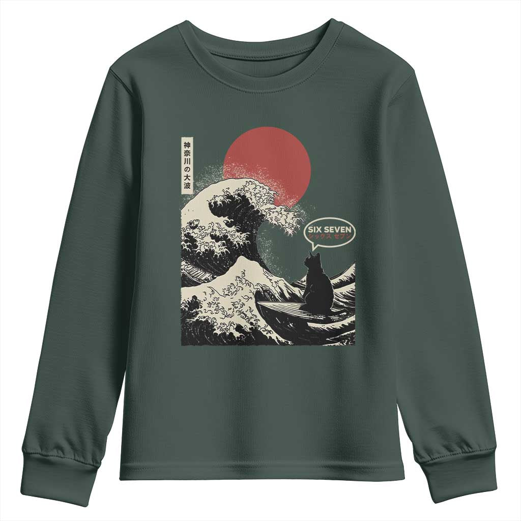 67 Six Seven Bruh Meme Youth Sweatshirt Funny Japanese Black Cat Surfing The Great Wave Kanagawa TS14 Dark Forest Green Print Your Wear