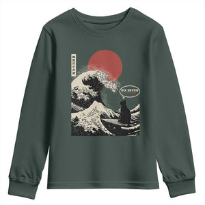 67 Six Seven Bruh Meme Youth Sweatshirt Funny Japanese Black Cat Surfing The Great Wave Kanagawa TS14 Dark Forest Green Print Your Wear
