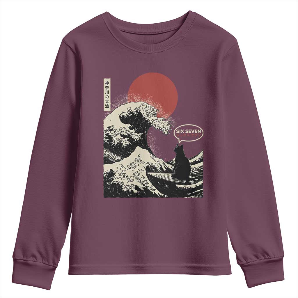 67 Six Seven Bruh Meme Youth Sweatshirt Funny Japanese Black Cat Surfing The Great Wave Kanagawa TS14 Maroon Print Your Wear