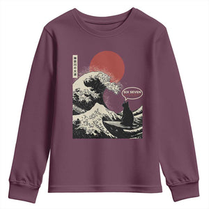 67 Six Seven Bruh Meme Youth Sweatshirt Funny Japanese Black Cat Surfing The Great Wave Kanagawa TS14 Maroon Print Your Wear