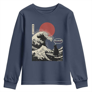 67 Six Seven Bruh Meme Youth Sweatshirt Funny Japanese Black Cat Surfing The Great Wave Kanagawa TS14 Navy Print Your Wear
