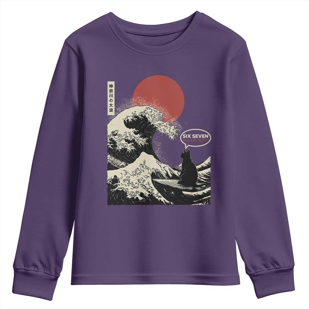 67 Six Seven Bruh Meme Youth Sweatshirt Funny Japanese Black Cat Surfing The Great Wave Kanagawa TS14 Purple Print Your Wear