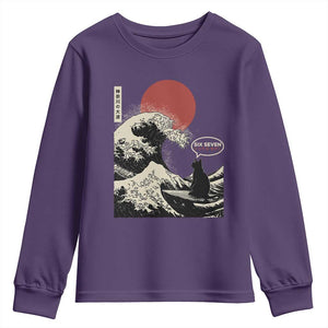 67 Six Seven Bruh Meme Youth Sweatshirt Funny Japanese Black Cat Surfing The Great Wave Kanagawa TS14 Purple Print Your Wear