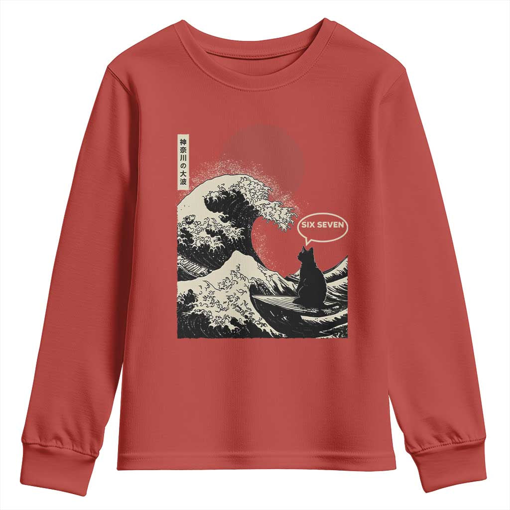 67 Six Seven Bruh Meme Youth Sweatshirt Funny Japanese Black Cat Surfing The Great Wave Kanagawa TS14 Red Print Your Wear