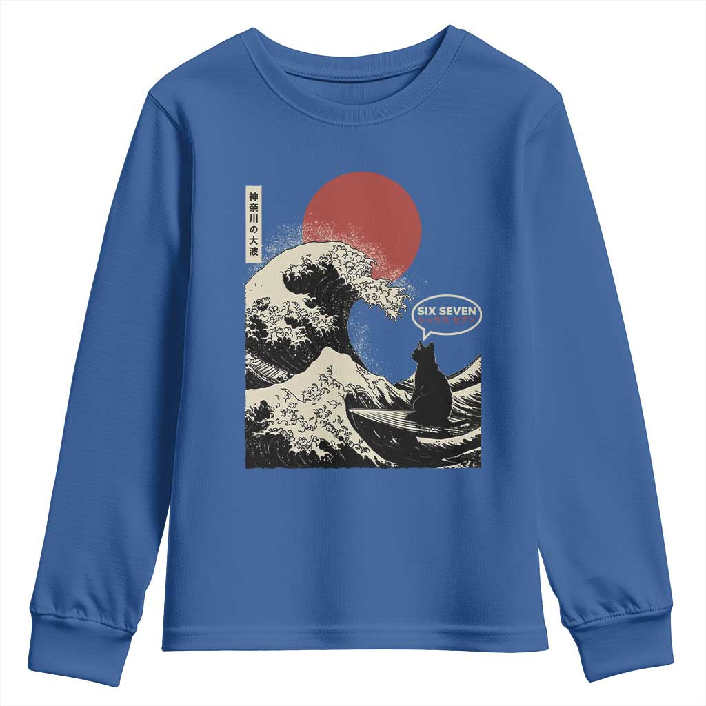 67 Six Seven Bruh Meme Youth Sweatshirt Funny Japanese Black Cat Surfing The Great Wave Kanagawa TS14 Royal Blue Print Your Wear
