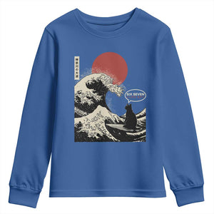 67 Six Seven Bruh Meme Youth Sweatshirt Funny Japanese Black Cat Surfing The Great Wave Kanagawa TS14 Royal Blue Print Your Wear