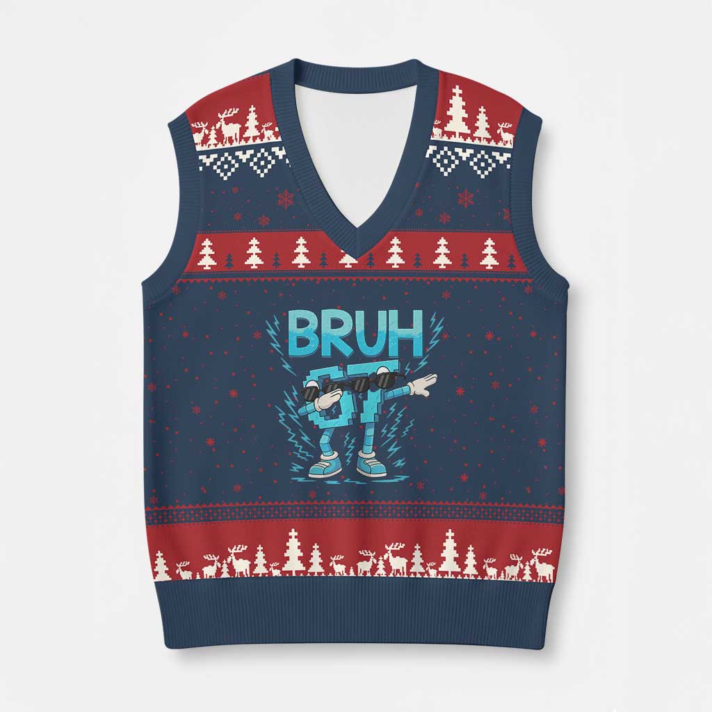 67 Bruh Meme V-Neck Knit Sweater Vest Funny Six Seven Italian Brainrot TS14 Navy Red Print Your Wear