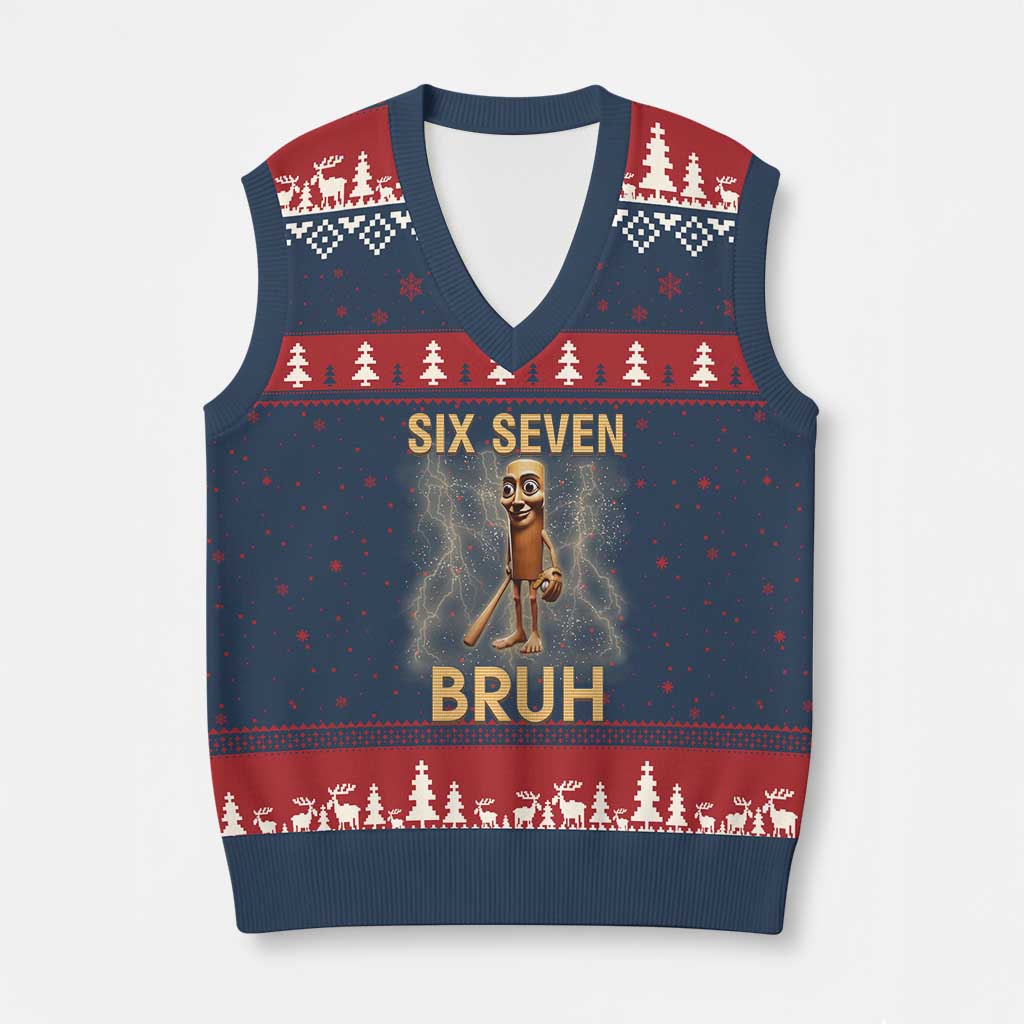 67 Bruh Meme V-Neck Knit Sweater Vest Funny Six Seven Tung Tung Sahur TS14 Navy Red Print Your Wear