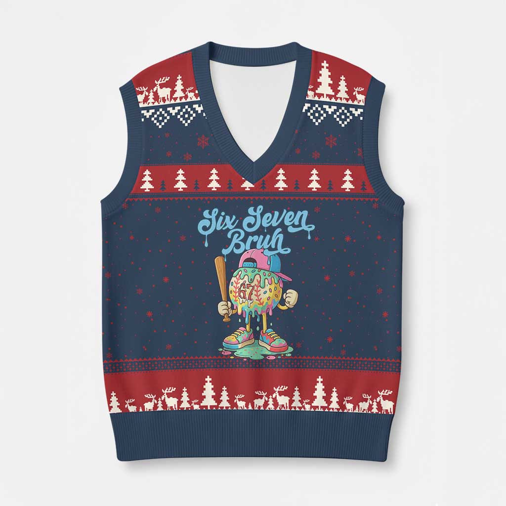 67 Bruh Meme V-Neck Knit Sweater Vest Ice Cream Drip Baseball Sport TS14 Navy Red Print Your Wear