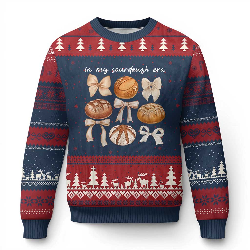 In My Sourdough Era Ugly Christmas Sweater Coquette Bows Baking Bread Lover TS14 Navy Red Print Your Wear