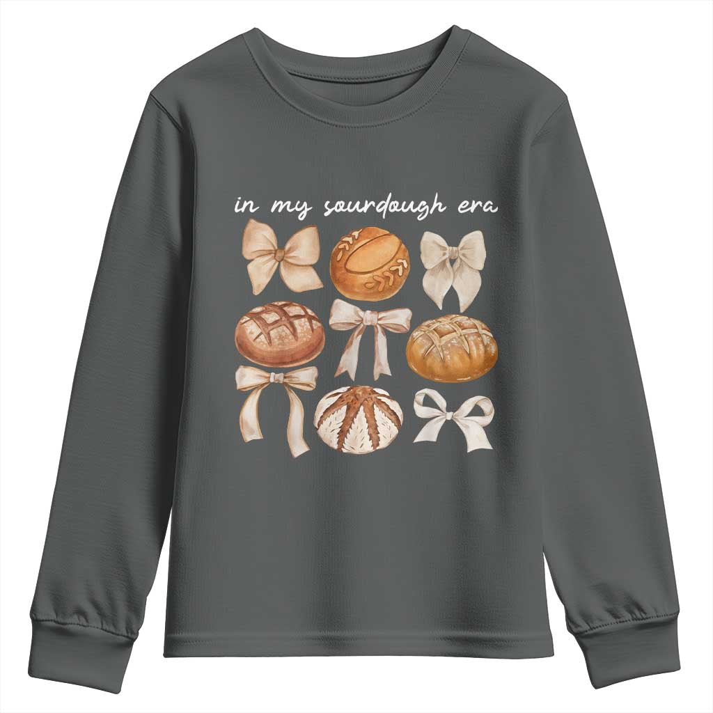 In My Sourdough Era Youth Sweatshirt Coquette Bows Baking Bread Lover TS14 Dark Heather Print Your Wear