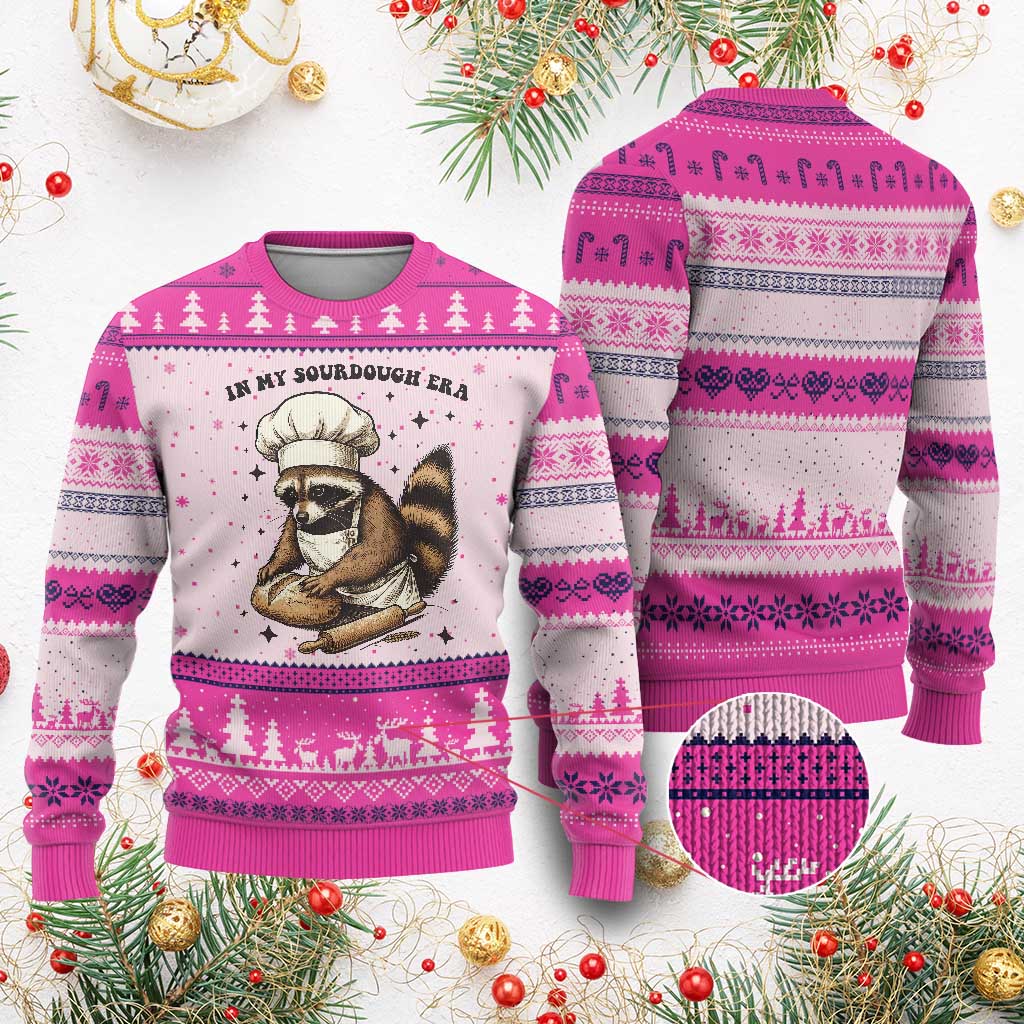 In My Sourdough Era Ugly Christmas Sweater Funny Raccoon Baker TS14 Hot Pink Print Your Wear