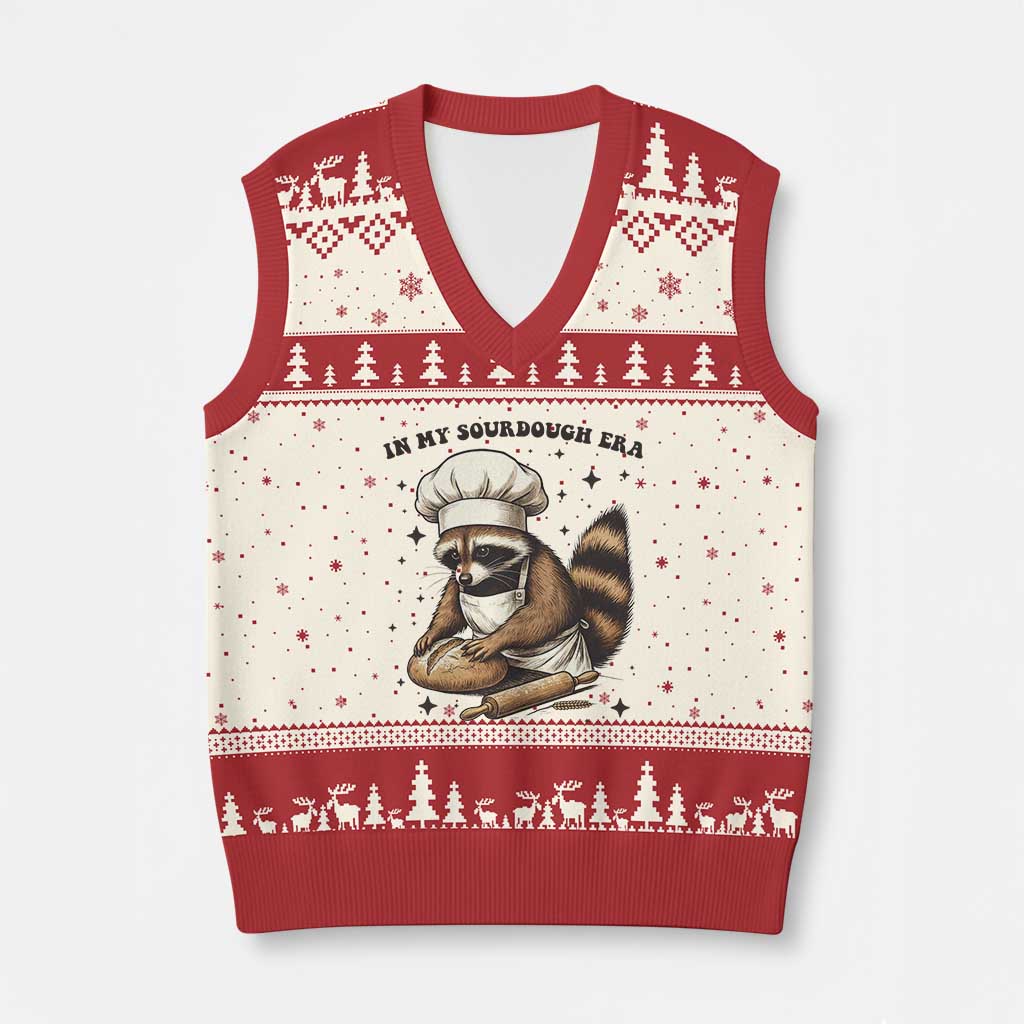 In My Sourdough Era V-Neck Knit Sweater Vest Funny Raccoon Baker TS14 Beige Red Print Your Wear