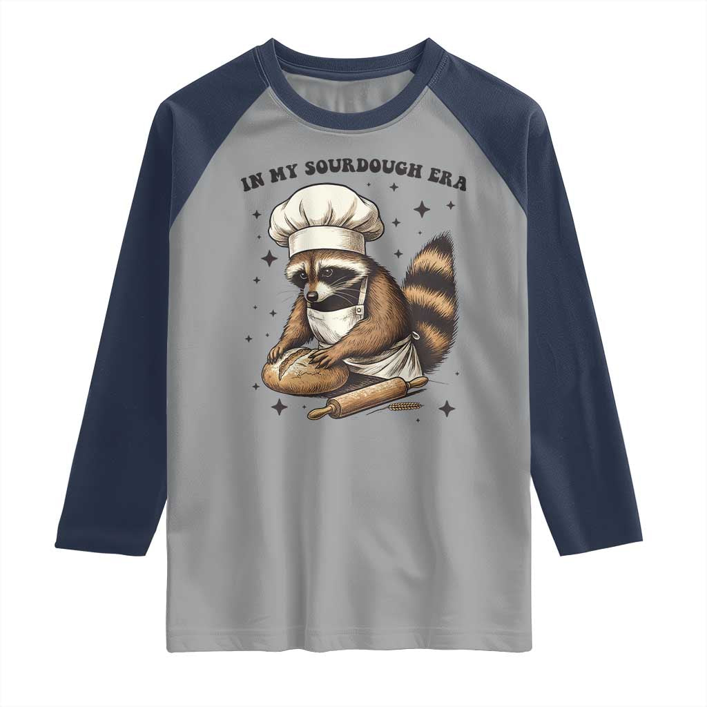 In My Sourdough Era Raglan Shirt Funny Raccoon Baker TS14 Sport Gray Navy Print Your Wear