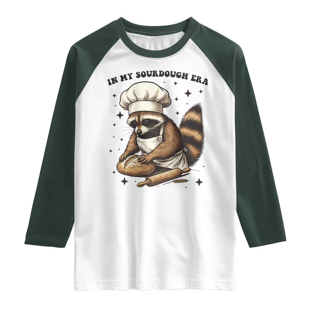 In My Sourdough Era Raglan Shirt Funny Raccoon Baker TS14 White Dark Forest Green Print Your Wear