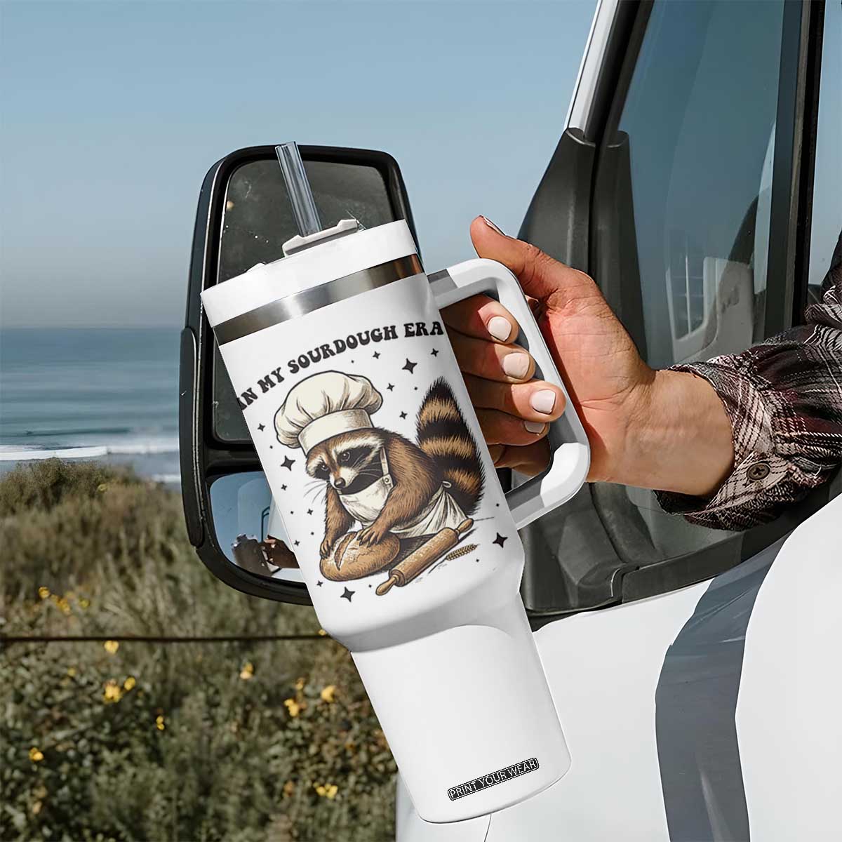 In My Sourdough Era Tumbler With Handle Funny Raccoon Baker TS14 Print Your Wear