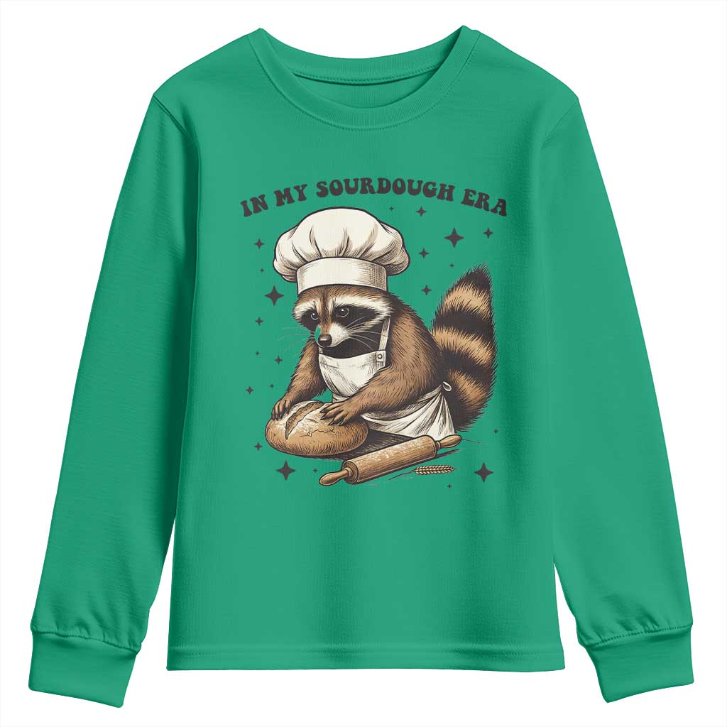 In My Sourdough Era Youth Sweatshirt Funny Raccoon Baker TS14 Irish Green Print Your Wear