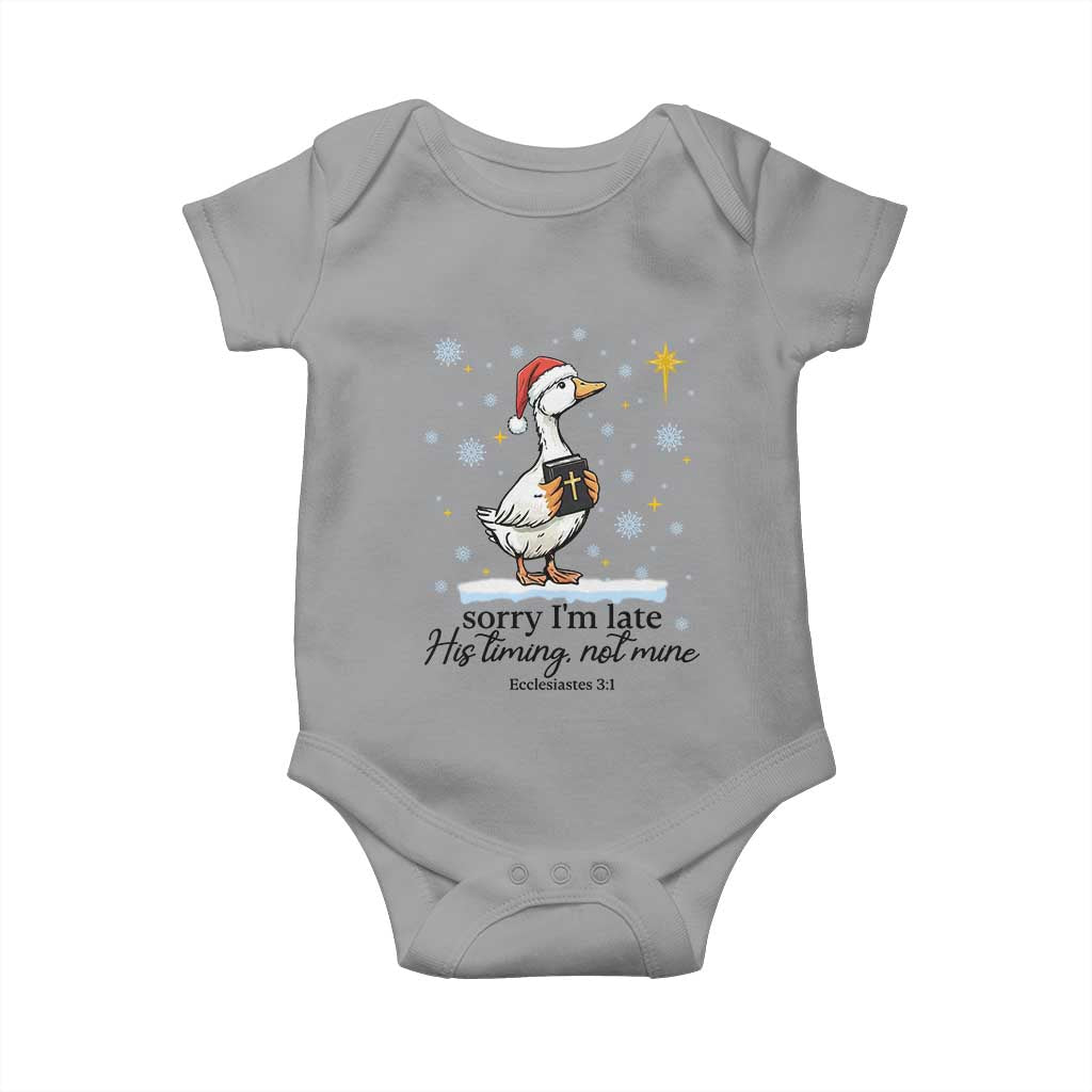 Christian Goose Baby Onesie Sorry I Am Late His Timing Not Mine TS14 Sport Gray Print Your Wear
