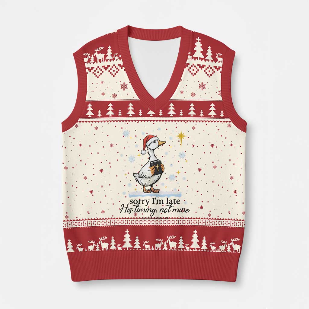 Christian Goose V-Neck Knit Sweater Vest Sorry I Am Late His Timing Not Mine TS14 Beige Red Print Your Wear