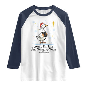 Christian Goose Raglan Shirt Sorry I Am Late His Timing Not Mine TS14 White Navy Print Your Wear