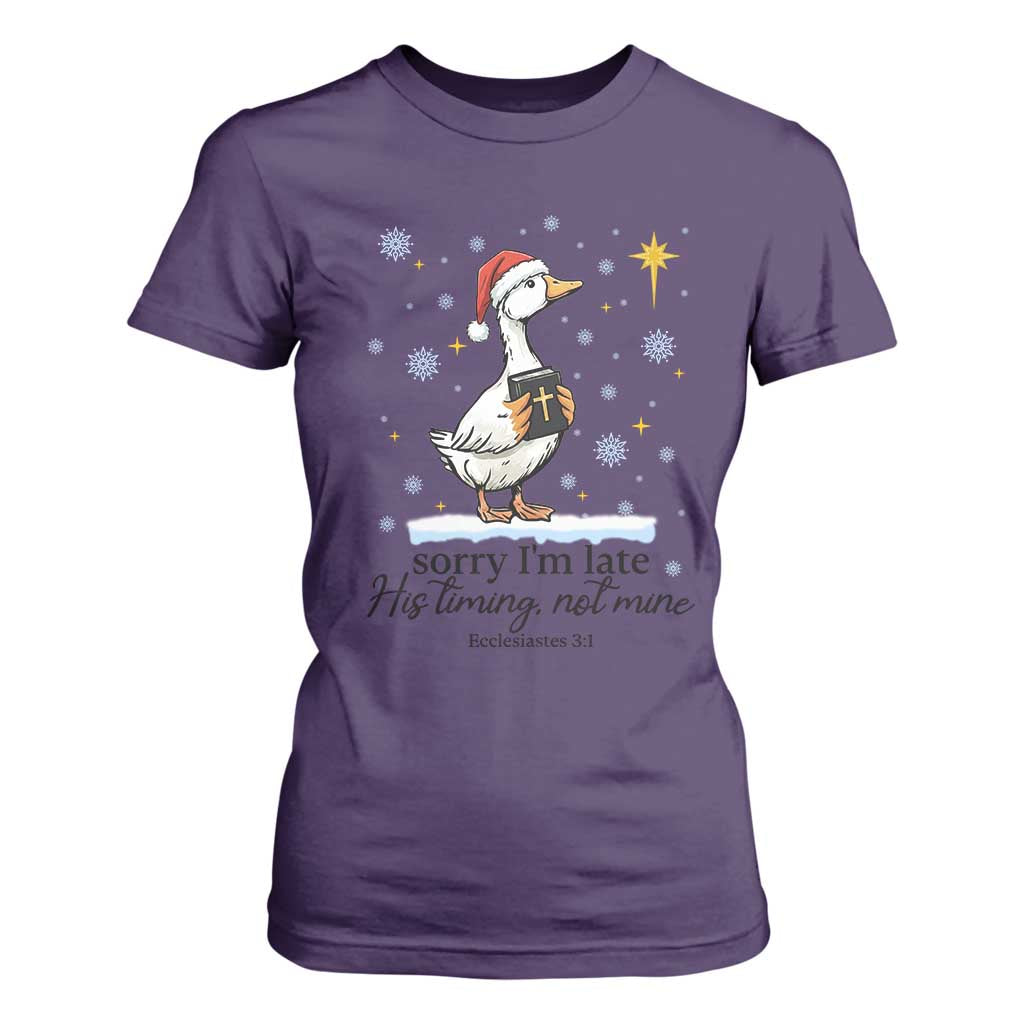 Christian Goose T Shirt For Women Sorry I Am Late His Timing Not Mine TS14 Purple Print Your Wear
