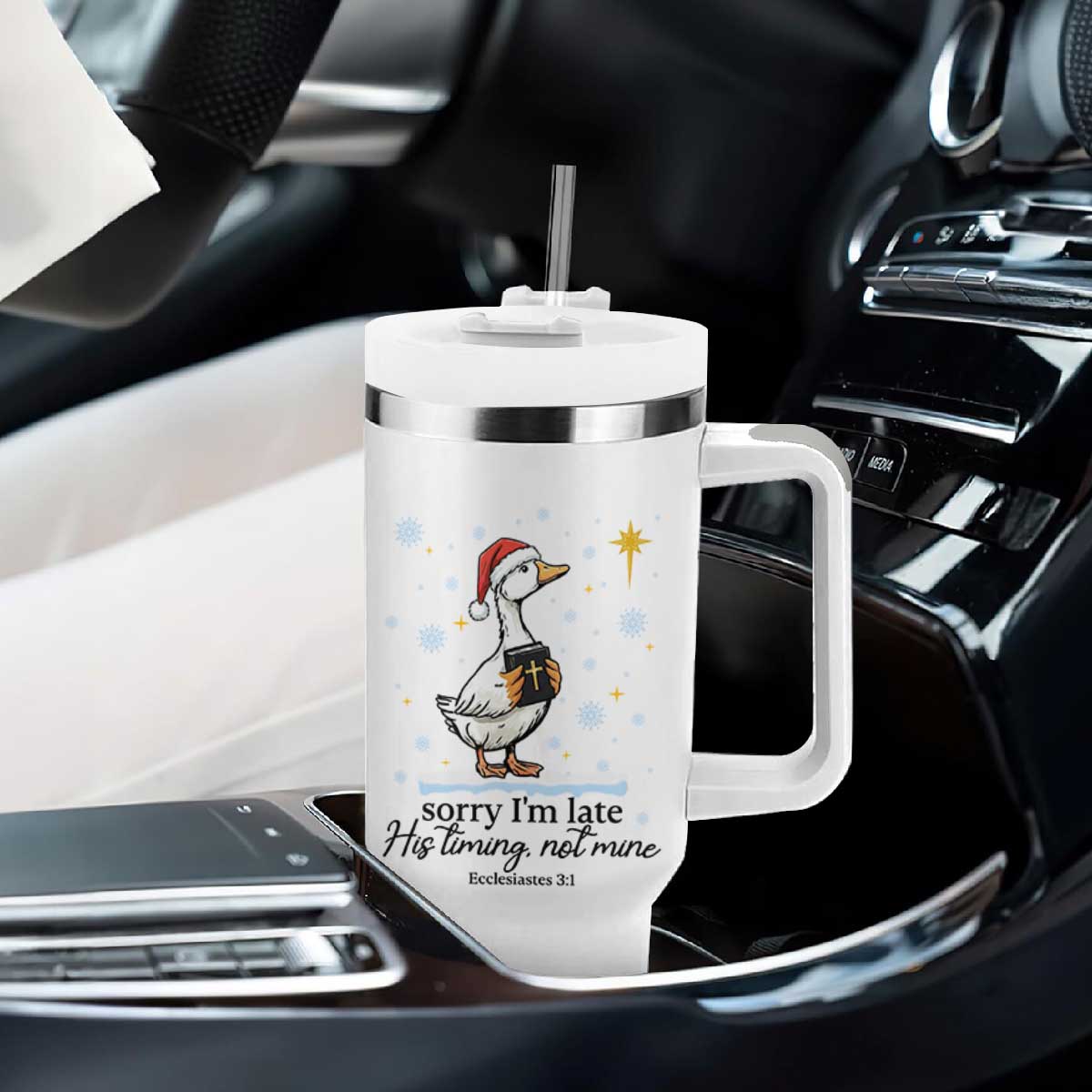Christian Goose Tumbler With Handle Sorry I Am Late His Timing Not Mine TS14 Print Your Wear