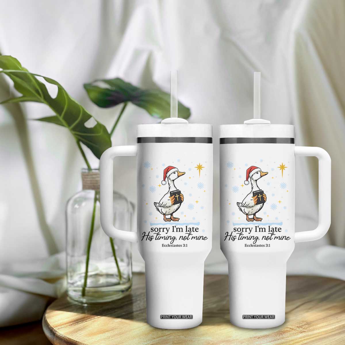Christian Goose Tumbler With Handle Sorry I Am Late His Timing Not Mine TS14 Print Your Wear