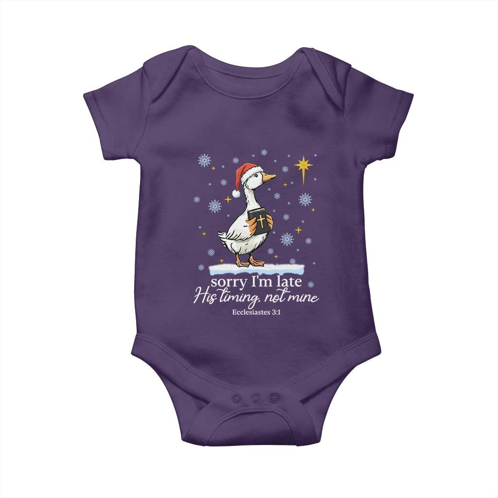 Christian Silly Goose Baby Onesie Sorry I Am Late His Timing Not Mine TS14 Purple Print Your Wear