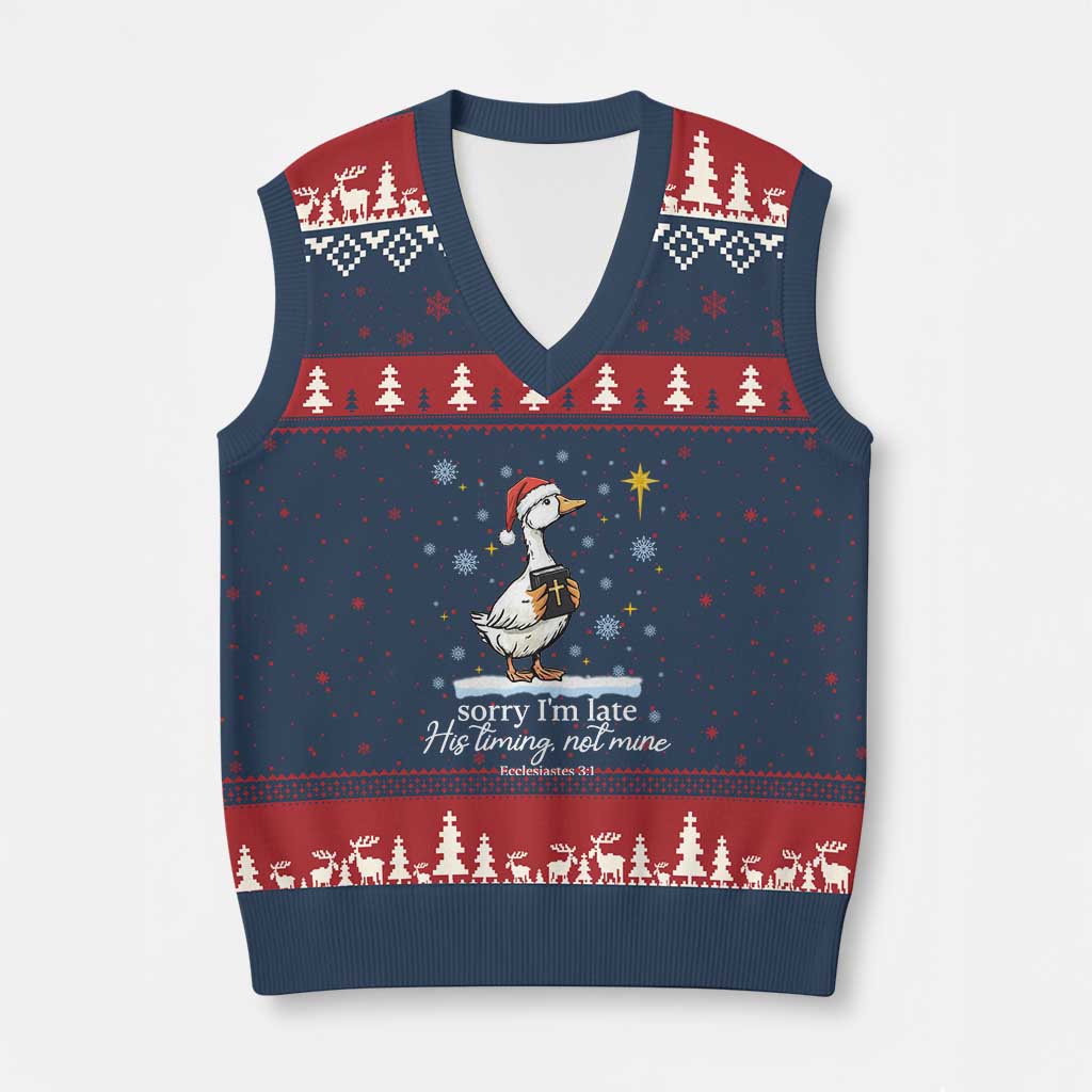 Christian Silly Goose V-Neck Knit Sweater Vest Sorry I Am Late His Timing Not Mine TS14 Navy Red Print Your Wear