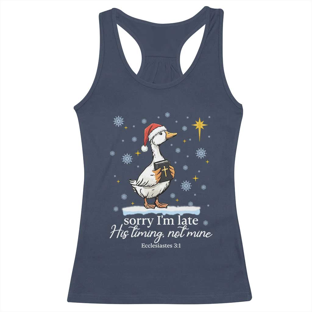 Christian Silly Goose Racerback Tank Top Sorry I Am Late His Timing Not Mine TS14 Navy Print Your Wear