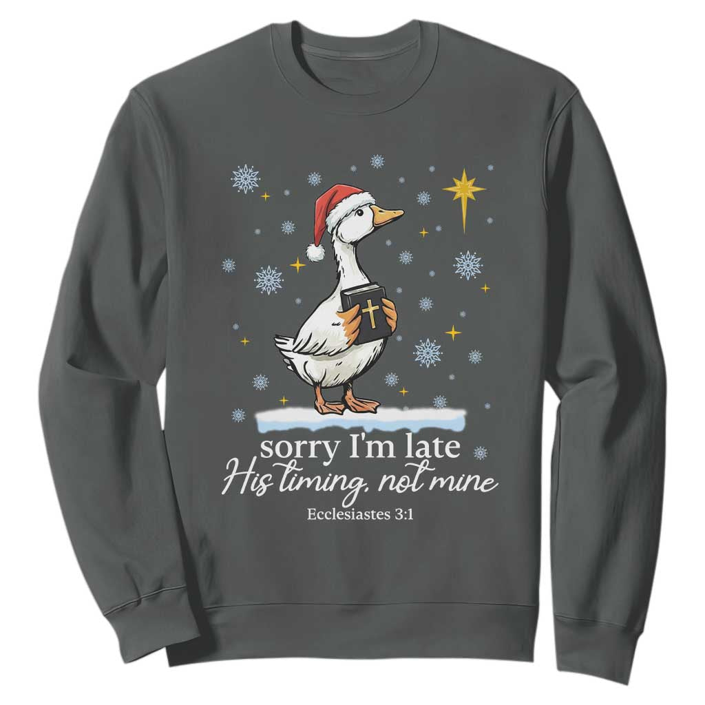 Christian Silly Goose Sweatshirt Sorry I Am Late His Timing Not Mine TS14 Dark Heather Print Your Wear